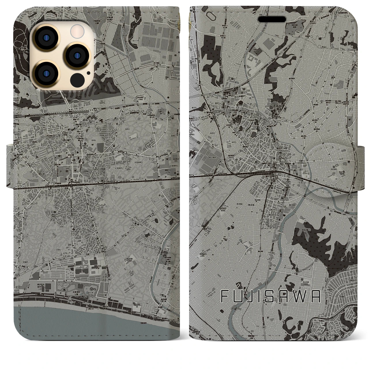 【藤沢(神奈川県)】地図柄iPhoneケース(手帳タイプ)モノトーン・iPhone 12 Pro Max 用
