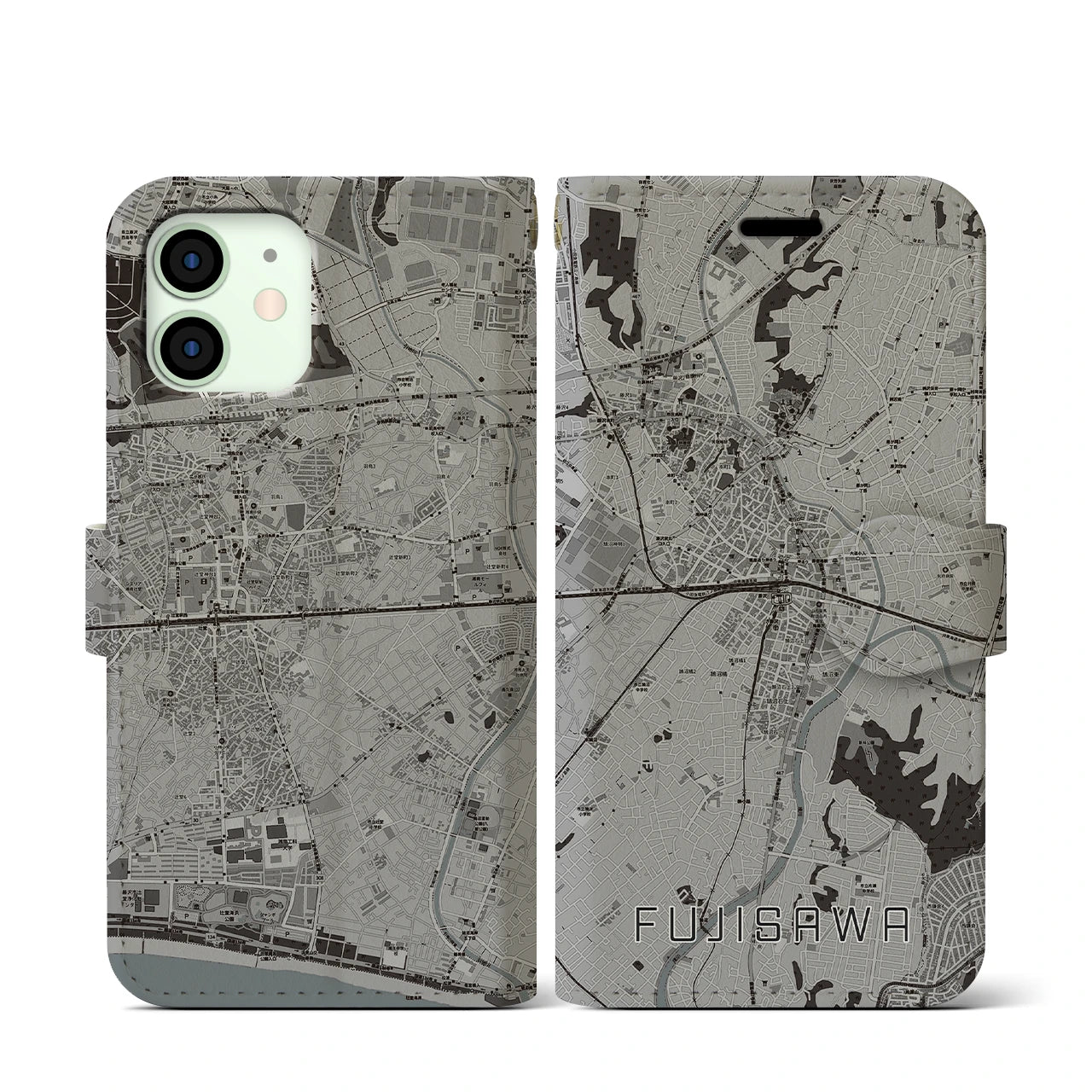 【藤沢(神奈川県)】地図柄iPhoneケース(手帳タイプ)モノトーン・iPhone 12 mini 用