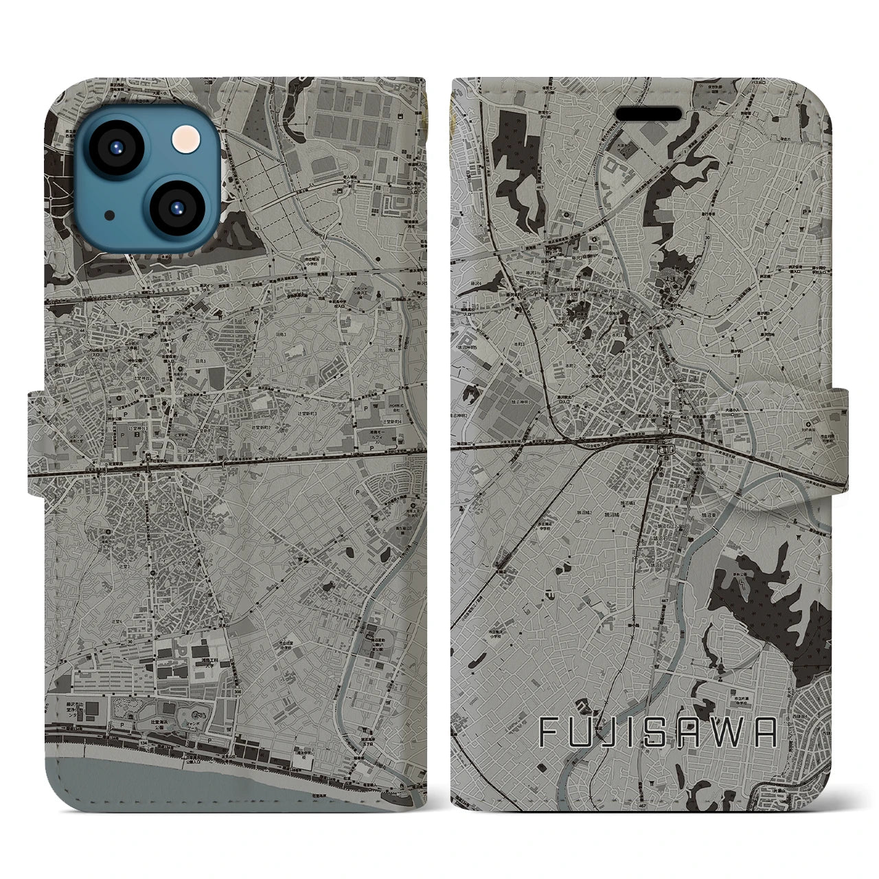 【藤沢(神奈川県)】地図柄iPhoneケース(手帳タイプ)モノトーン・iPhone 13 用