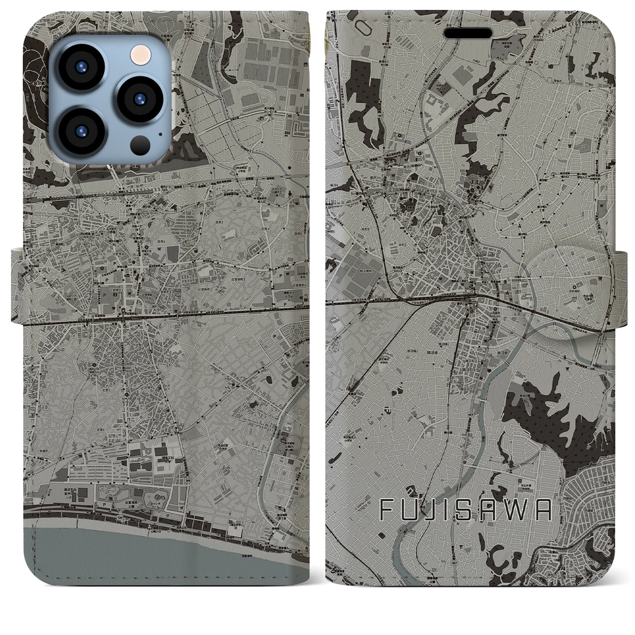 【藤沢(神奈川県)】地図柄iPhoneケース(手帳タイプ)モノトーン・iPhone 13 Pro Max 用