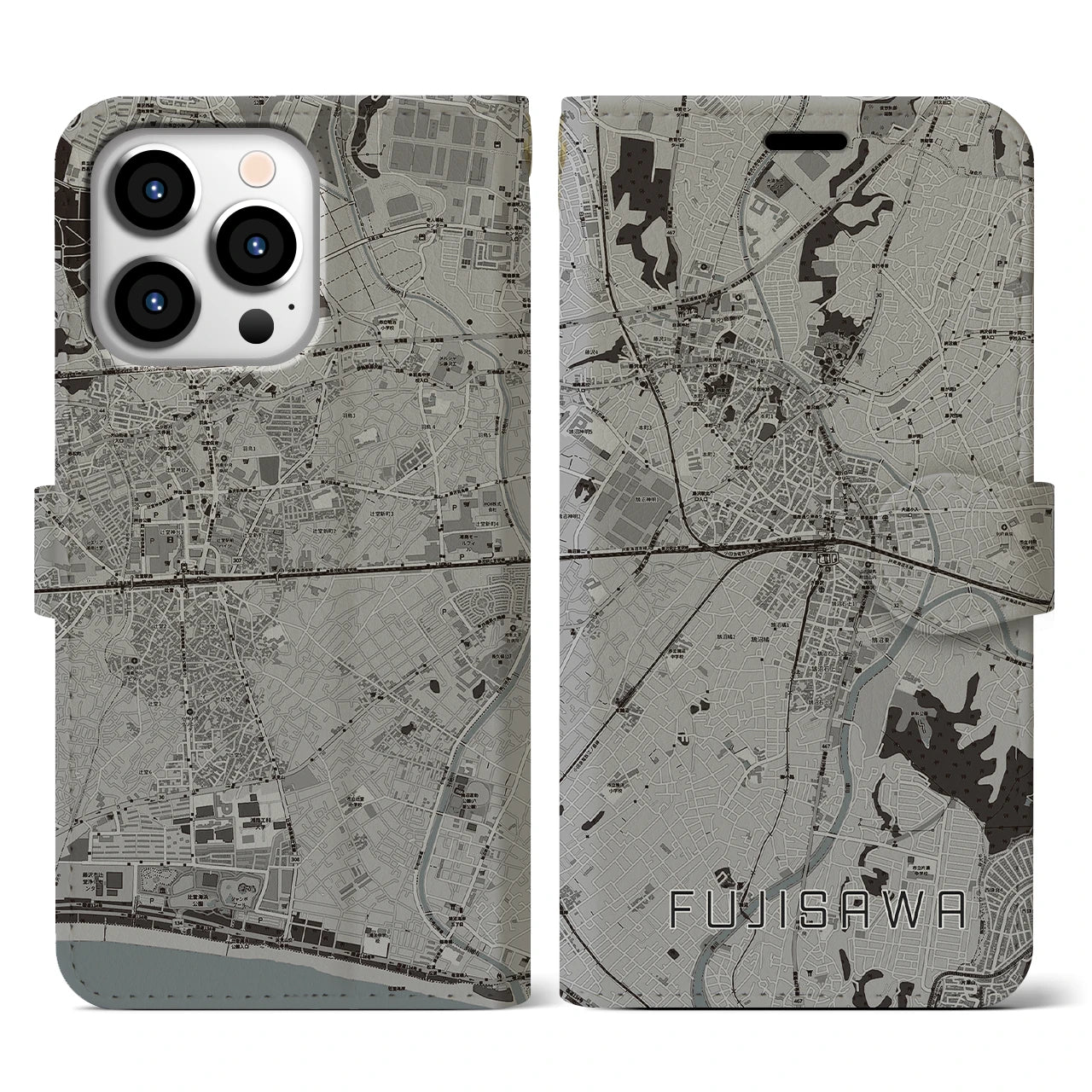 【藤沢(神奈川県)】地図柄iPhoneケース(手帳タイプ)モノトーン・iPhone 13 Pro 用