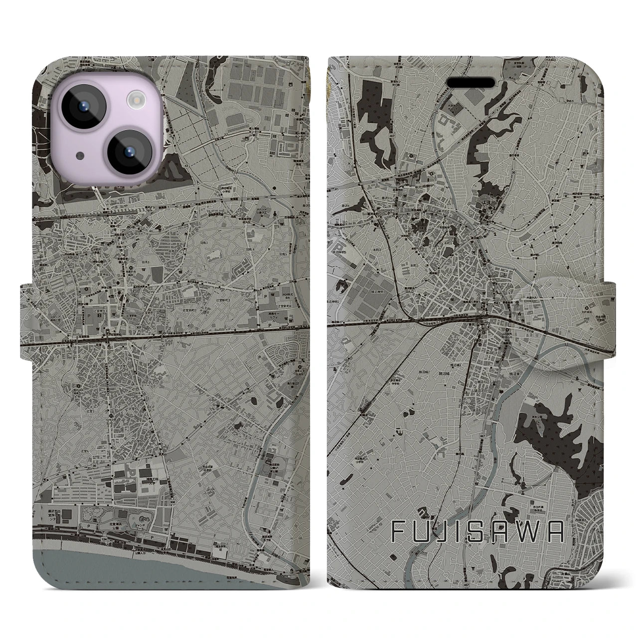 【藤沢(神奈川県)】地図柄iPhoneケース(手帳タイプ)モノトーン・iPhone 14 用