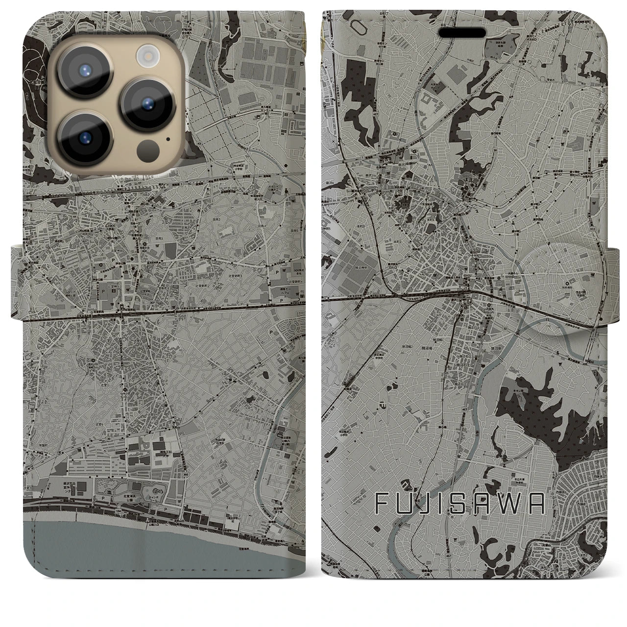 【藤沢(神奈川県)】地図柄iPhoneケース(手帳タイプ)モノトーン・iPhone 14 Pro Max 用