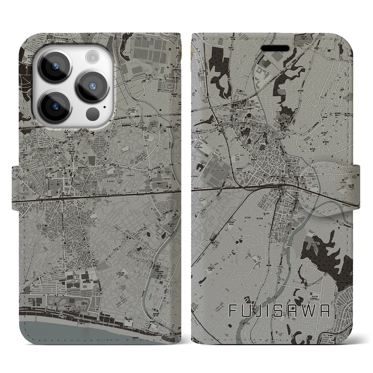 【藤沢(神奈川県)】地図柄iPhoneケース(手帳タイプ)モノトーン・iPhone 14 Pro 用