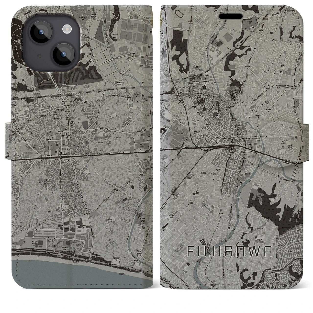 【藤沢(神奈川県)】地図柄iPhoneケース(手帳タイプ)モノトーン・iPhone 14 Plus 用