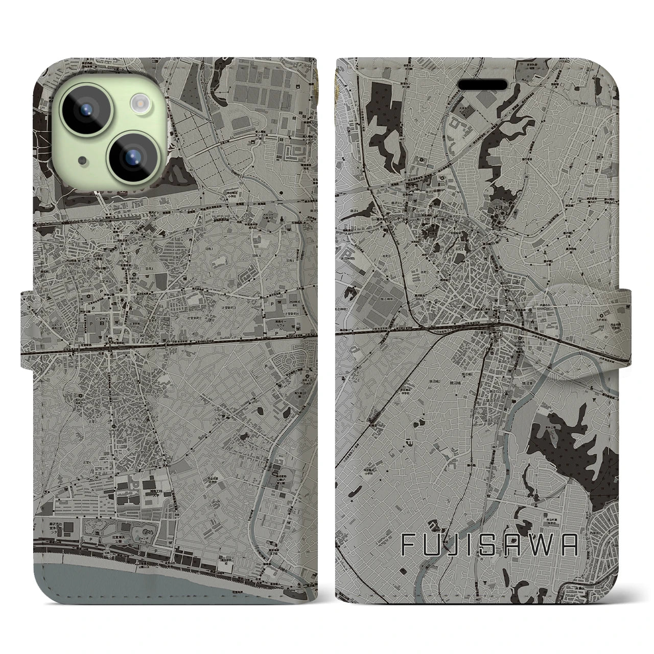【藤沢(神奈川県)】地図柄iPhoneケース(手帳タイプ)モノトーン・iPhone 15 用