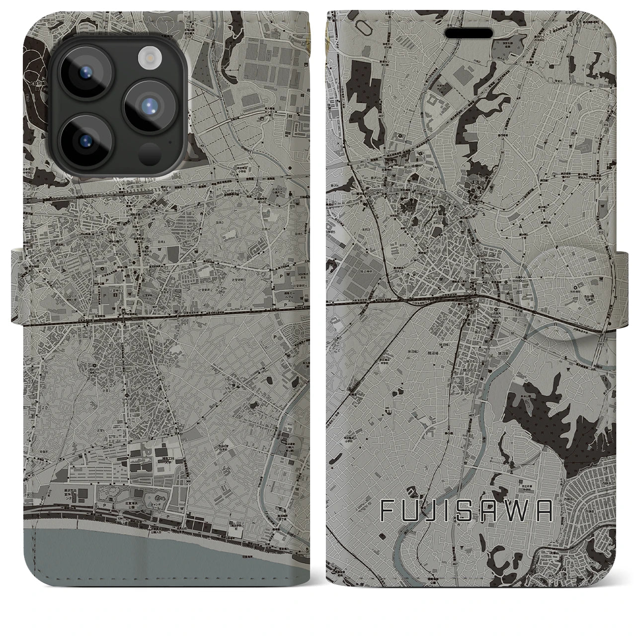 【藤沢(神奈川県)】地図柄iPhoneケース(手帳タイプ)モノトーン・iPhone 15 Pro Max 用