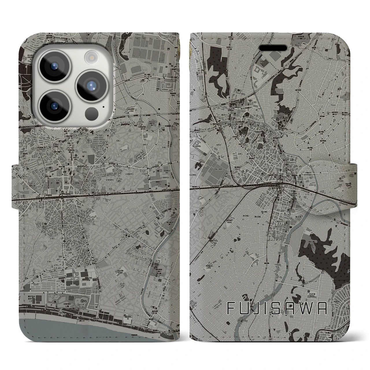 【藤沢(神奈川県)】地図柄iPhoneケース(手帳タイプ)モノトーン・iPhone 15 Pro 用