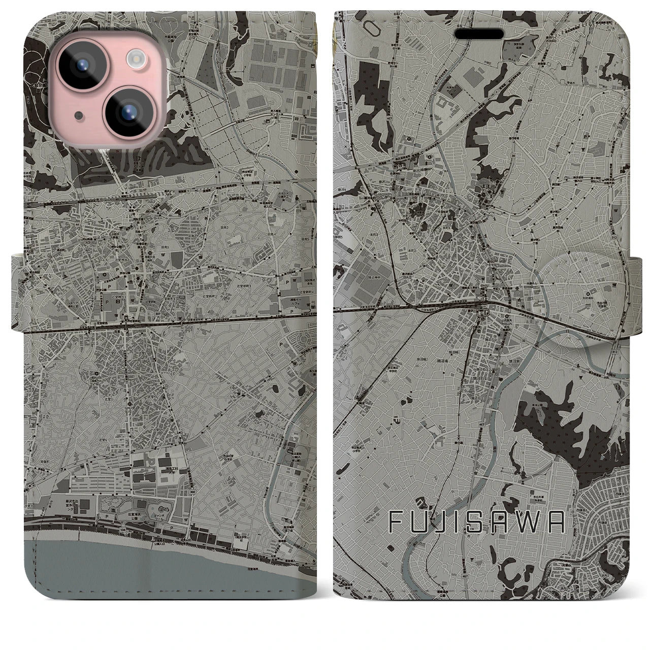 【藤沢(神奈川県)】地図柄iPhoneケース(手帳タイプ)モノトーン・iPhone 15 Plus 用