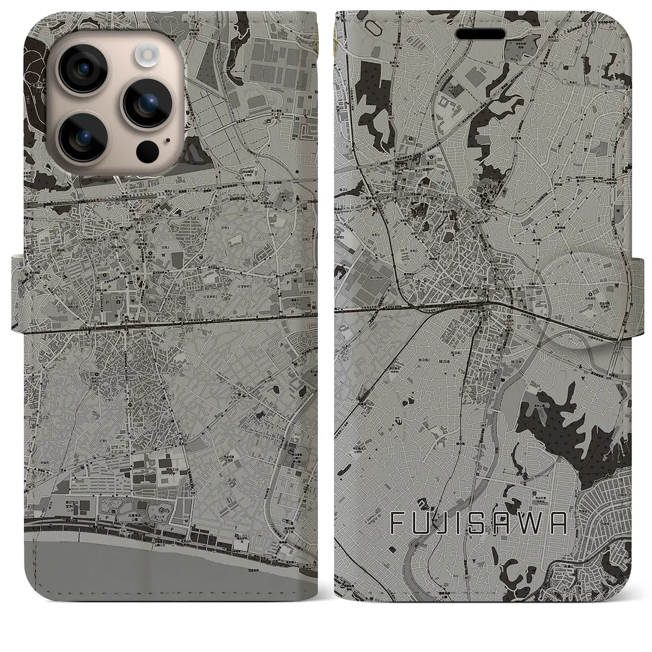 【藤沢(神奈川県)】地図柄iPhoneケース(手帳タイプ)モノトーン・iPhone 16 Plus 用