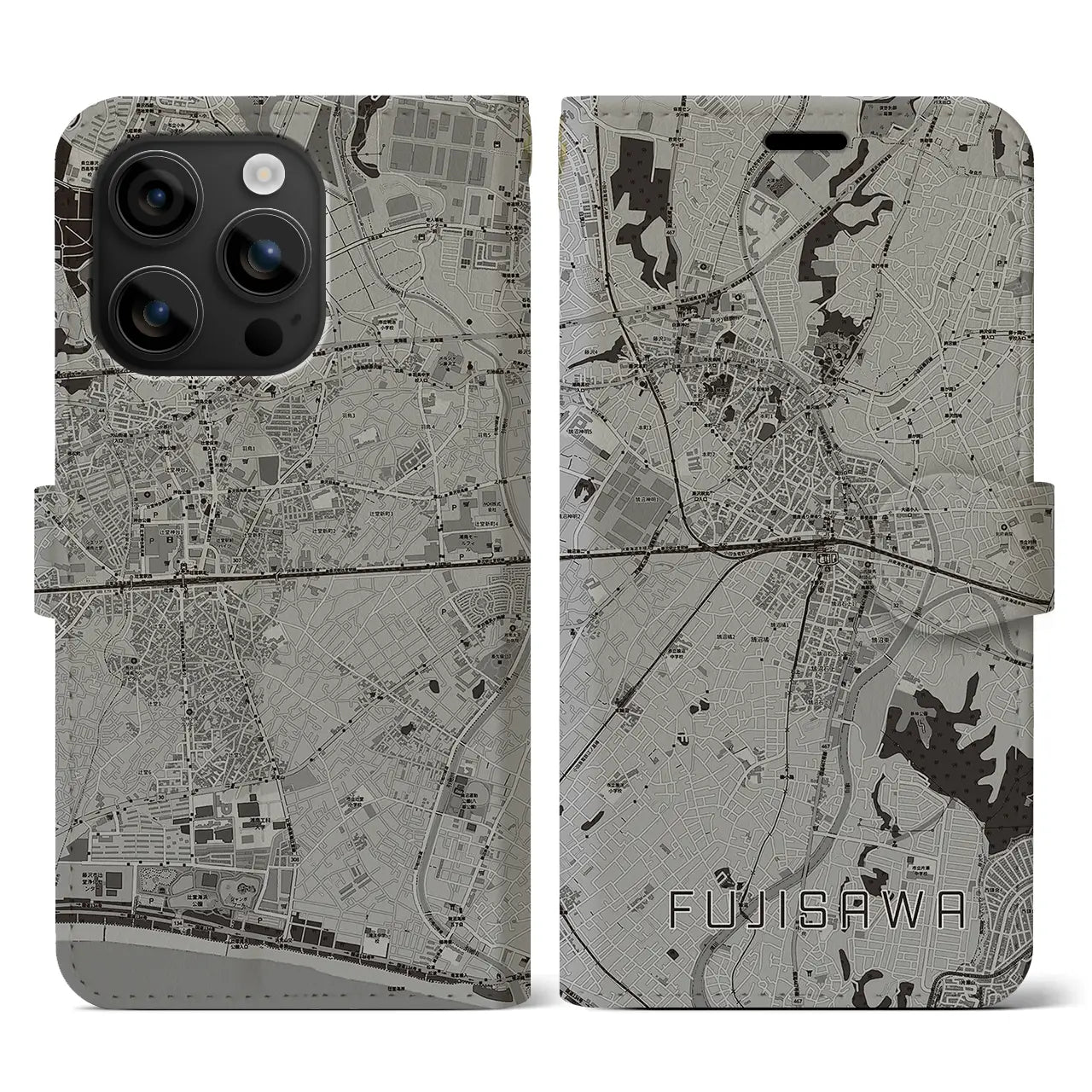 【藤沢(神奈川県)】地図柄iPhoneケース(手帳タイプ)モノトーン・iPhone 16 用