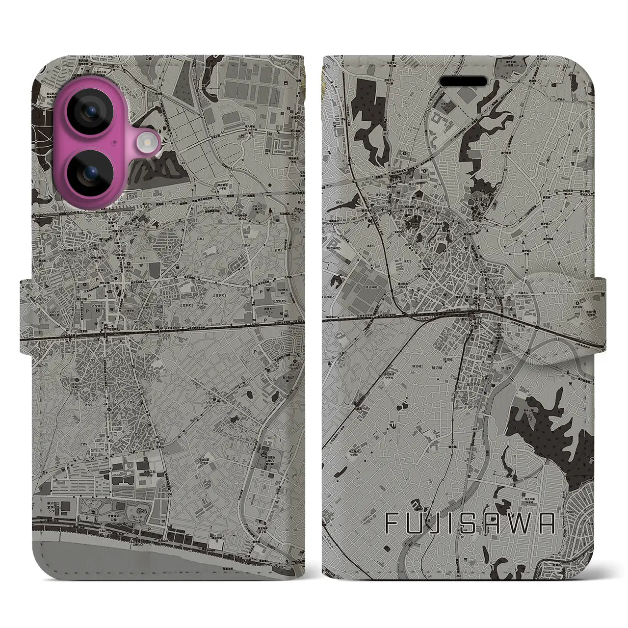 【藤沢(神奈川県)】地図柄iPhoneケース(手帳タイプ)モノトーン・iPhone 16 Pro 用