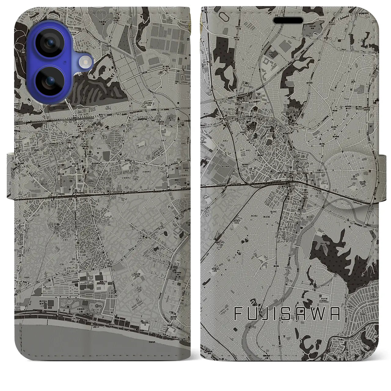 【藤沢(神奈川県)】地図柄iPhoneケース(手帳タイプ)モノトーン・iPhone 16 Pro Max 用