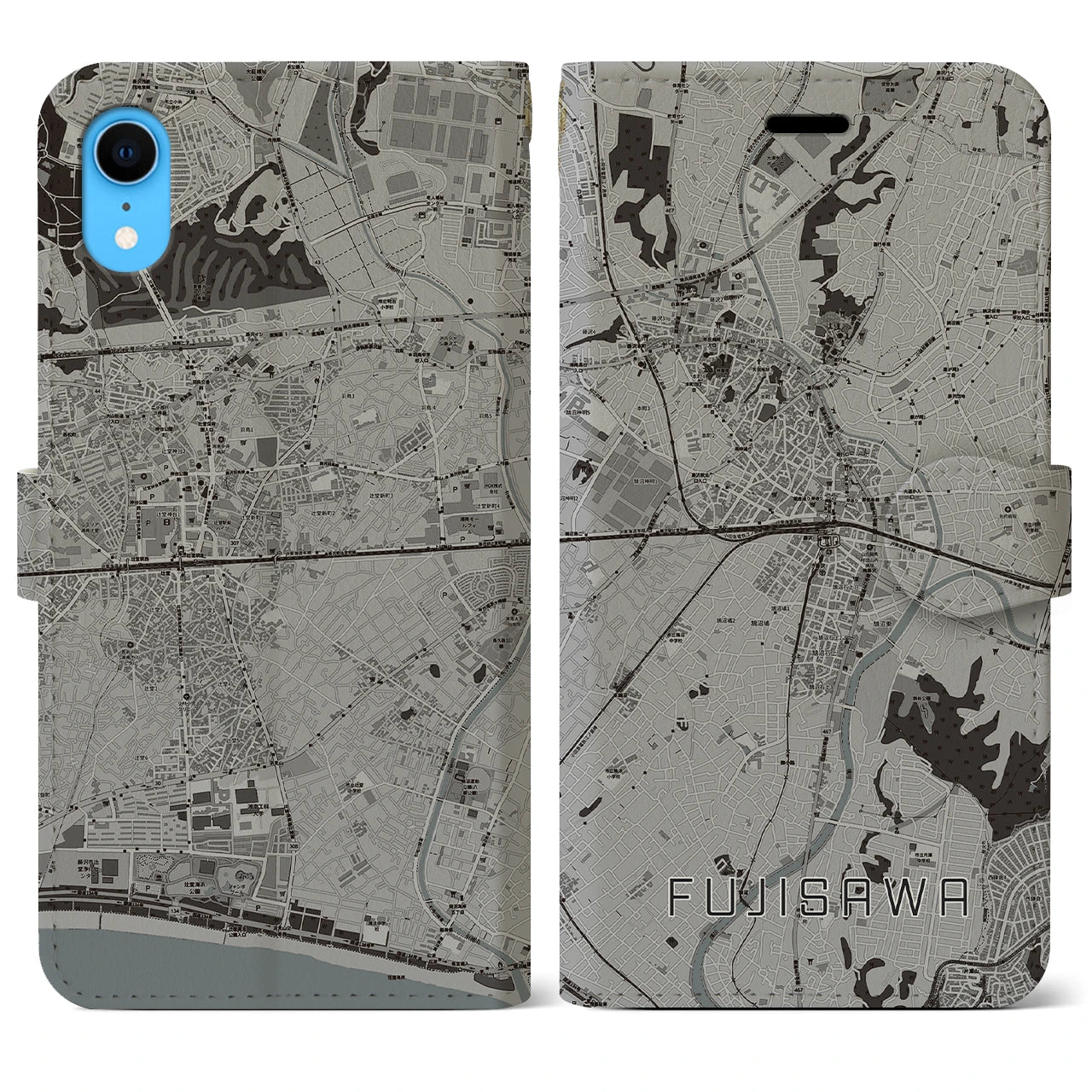 【藤沢(神奈川県)】地図柄iPhoneケース(手帳タイプ)モノトーン・iPhone XR 用