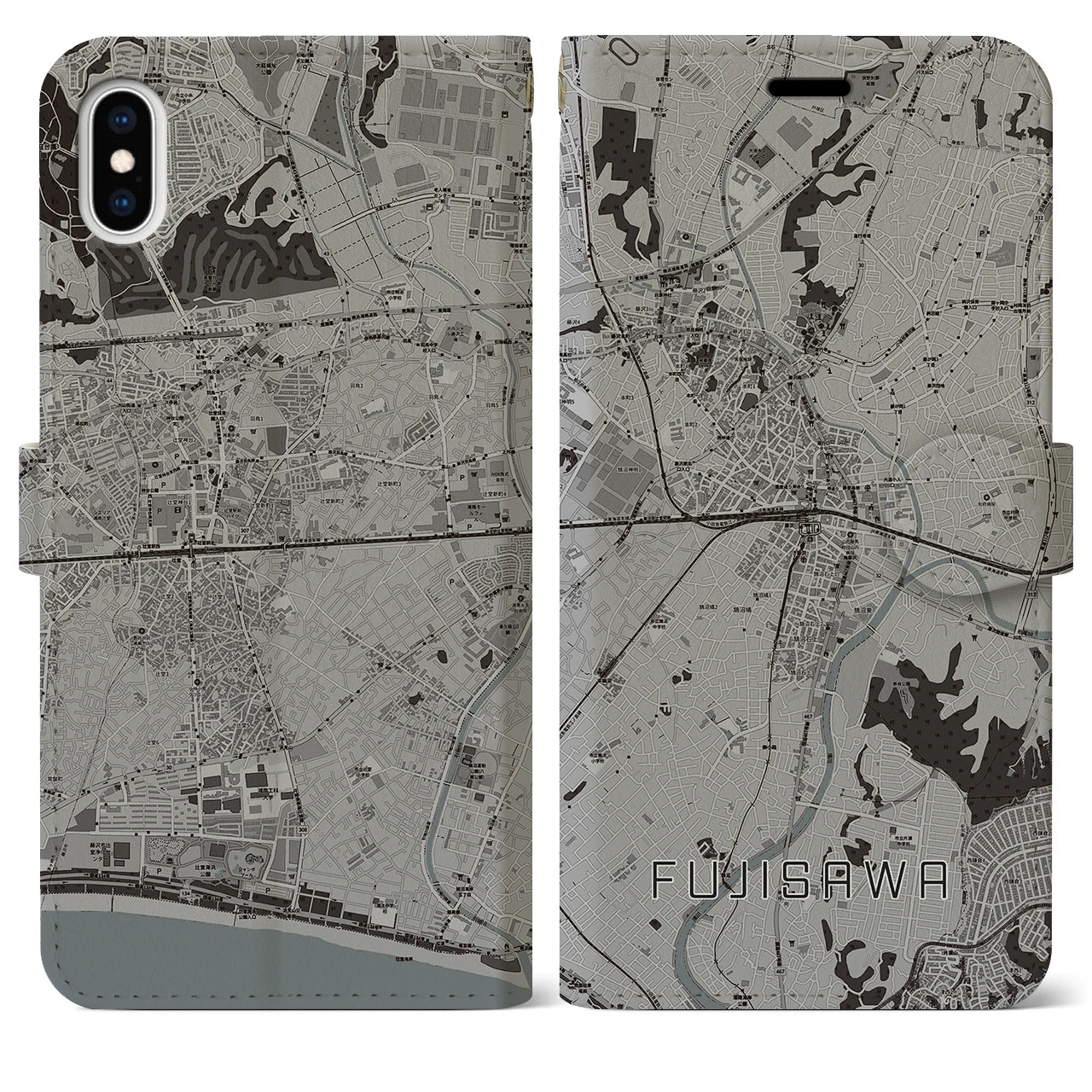 【藤沢(神奈川県)】地図柄iPhoneケース(手帳タイプ)モノトーン・iPhone XS Max 用