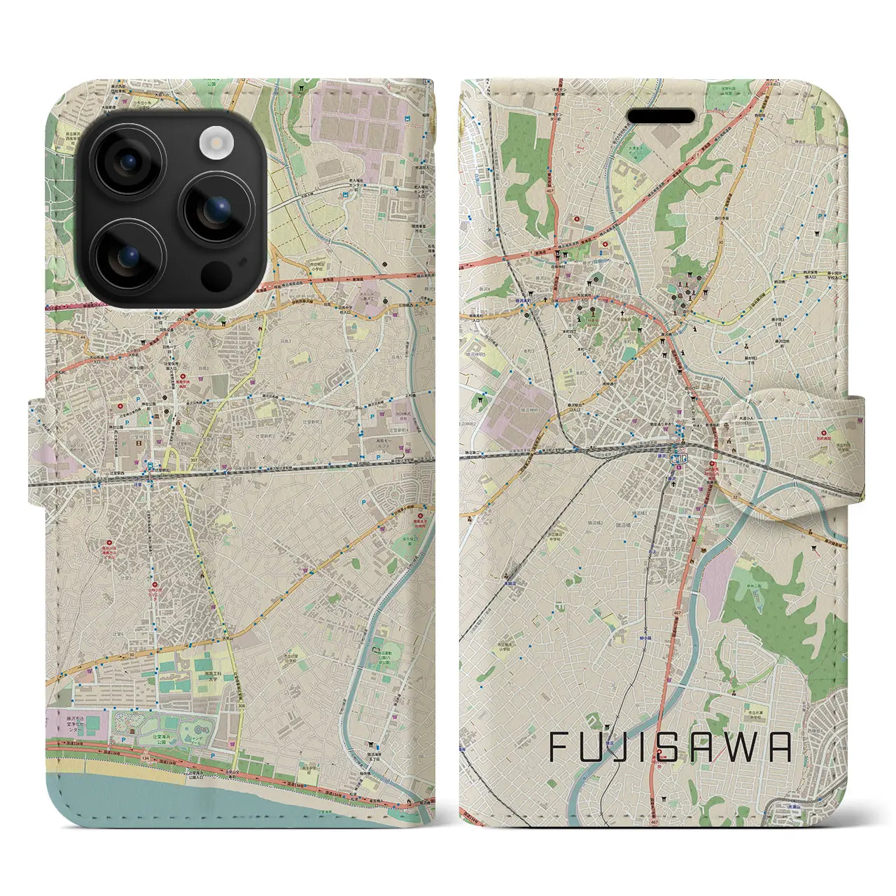 【藤沢(神奈川県)】地図柄iPhoneケース(手帳タイプ)ナチュラル・iPhone 16 用