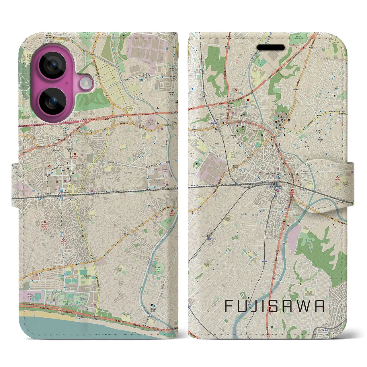 【藤沢(神奈川県)】地図柄iPhoneケース(手帳タイプ)ナチュラル・iPhone 16 Pro 用