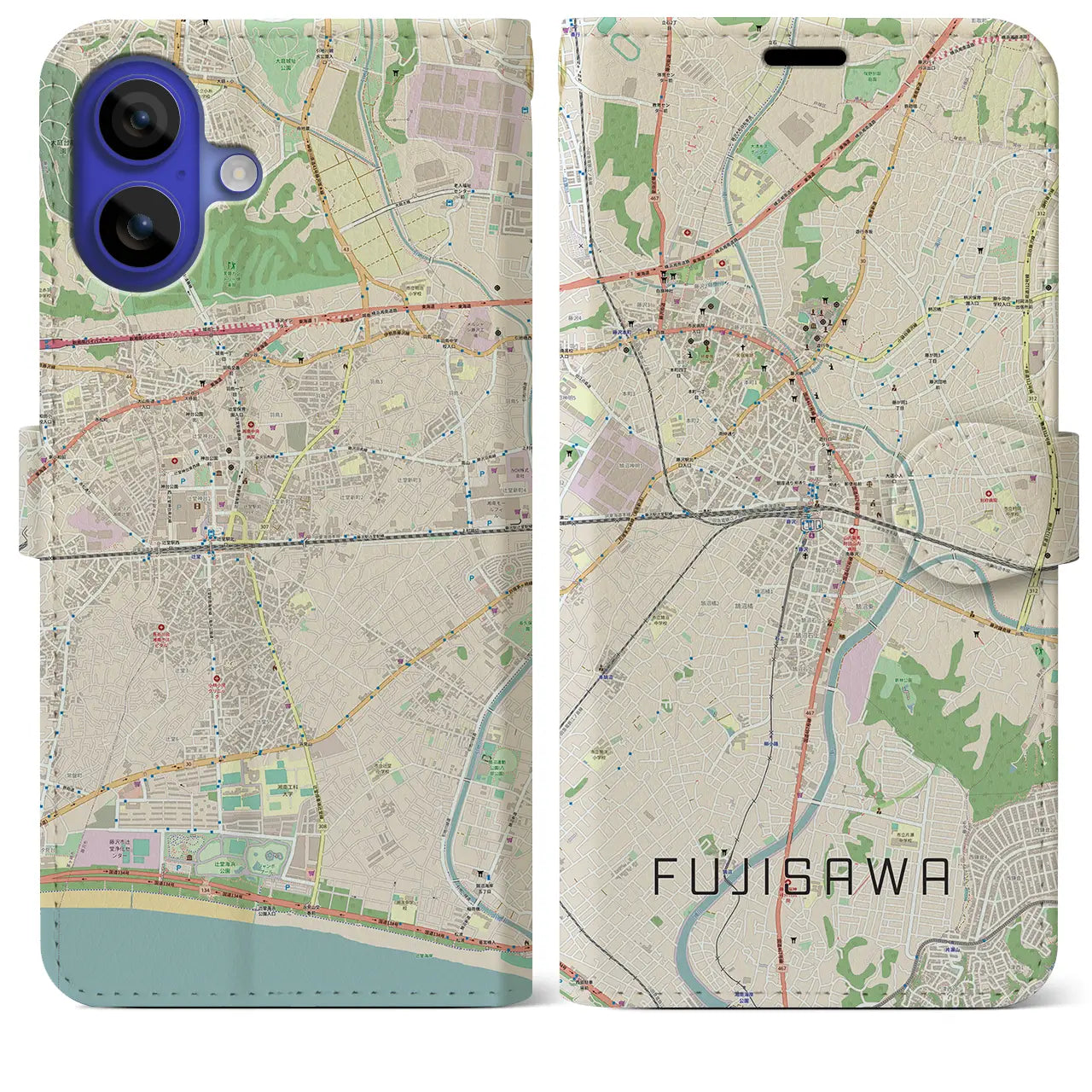 【藤沢(神奈川県)】地図柄iPhoneケース(手帳タイプ)ナチュラル・iPhone 16 Pro Max 用
