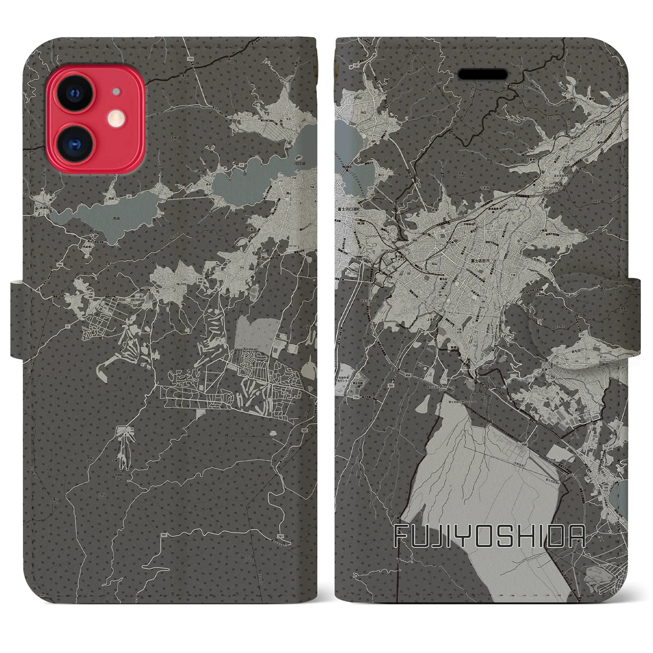 【富士吉田(山梨県)】地図柄iPhoneケース(手帳タイプ)モノトーン・iPhone 11 用