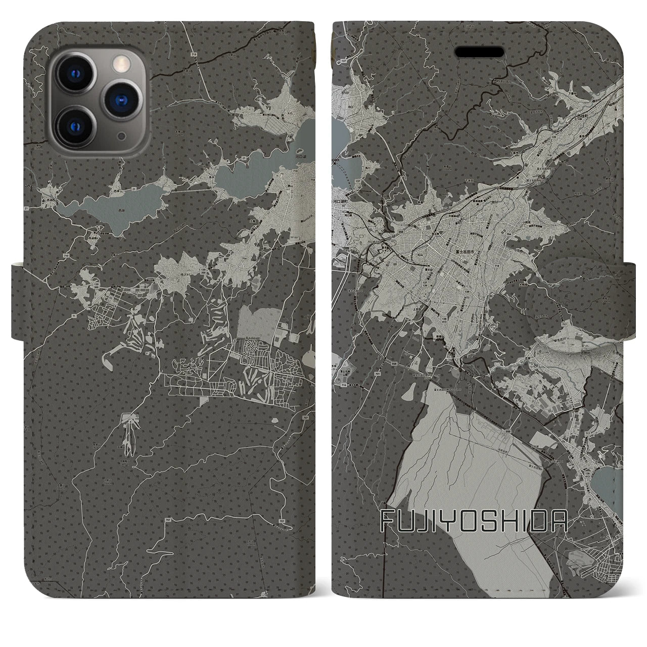 【富士吉田(山梨県)】地図柄iPhoneケース(手帳タイプ)モノトーン・iPhone 11 Pro Max 用
