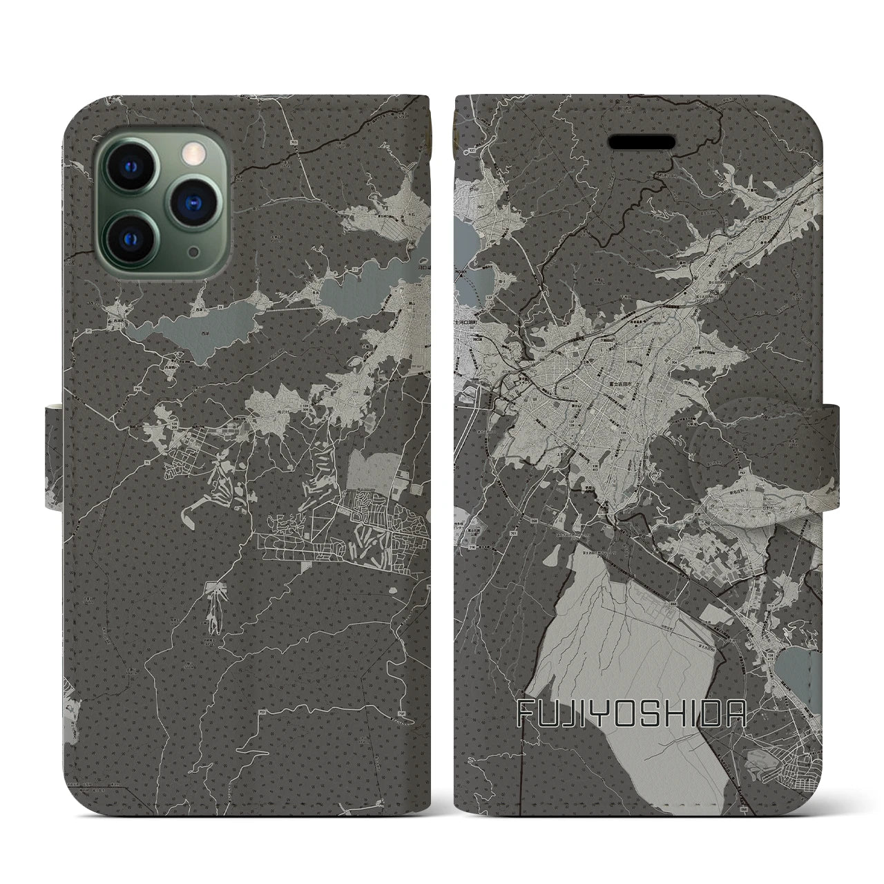 【富士吉田(山梨県)】地図柄iPhoneケース(手帳タイプ)モノトーン・iPhone 11 Pro 用