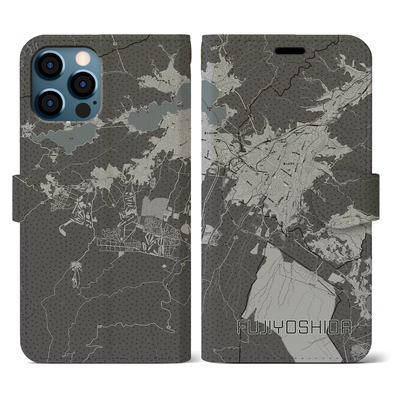 【富士吉田(山梨県)】地図柄iPhoneケース(手帳タイプ)モノトーン・iPhone 12 / 12 Pro 用