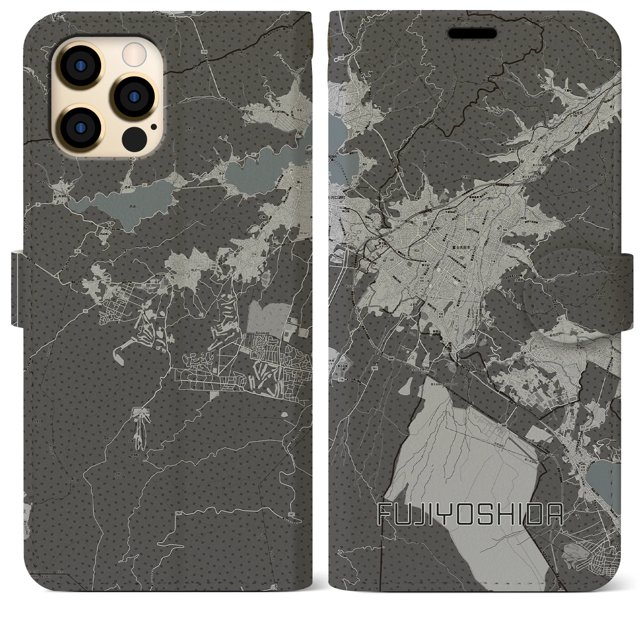 【富士吉田(山梨県)】地図柄iPhoneケース(手帳タイプ)モノトーン・iPhone 12 Pro Max 用