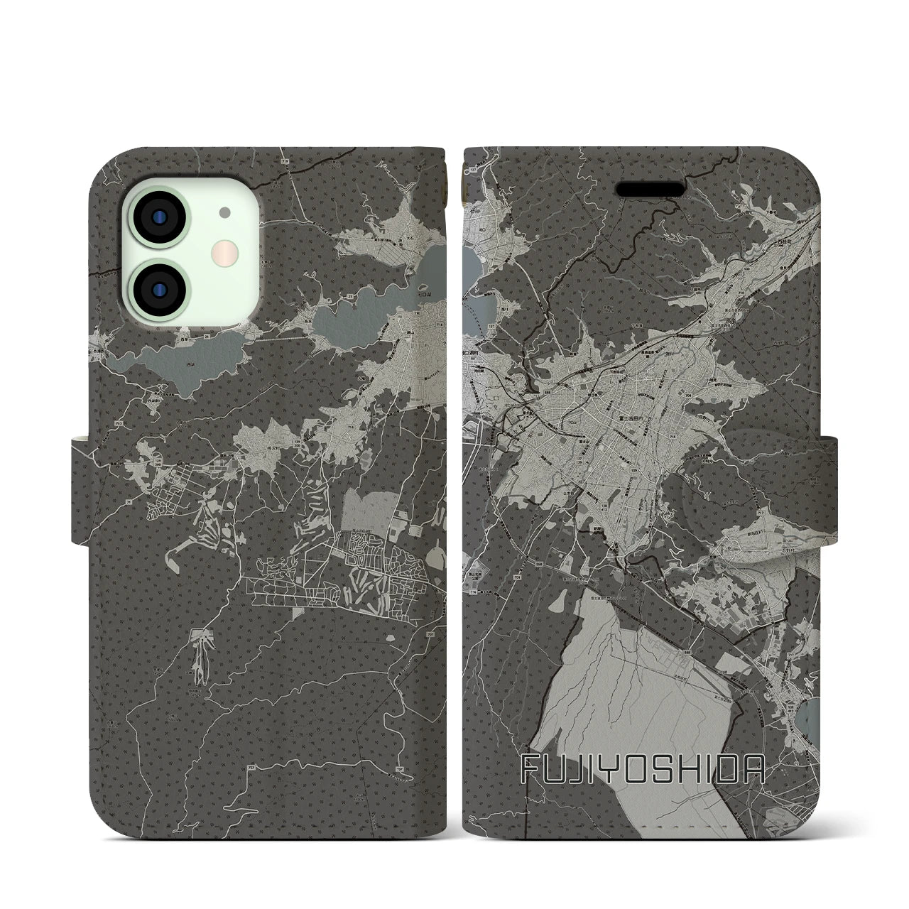 【富士吉田(山梨県)】地図柄iPhoneケース(手帳タイプ)モノトーン・iPhone 12 mini 用