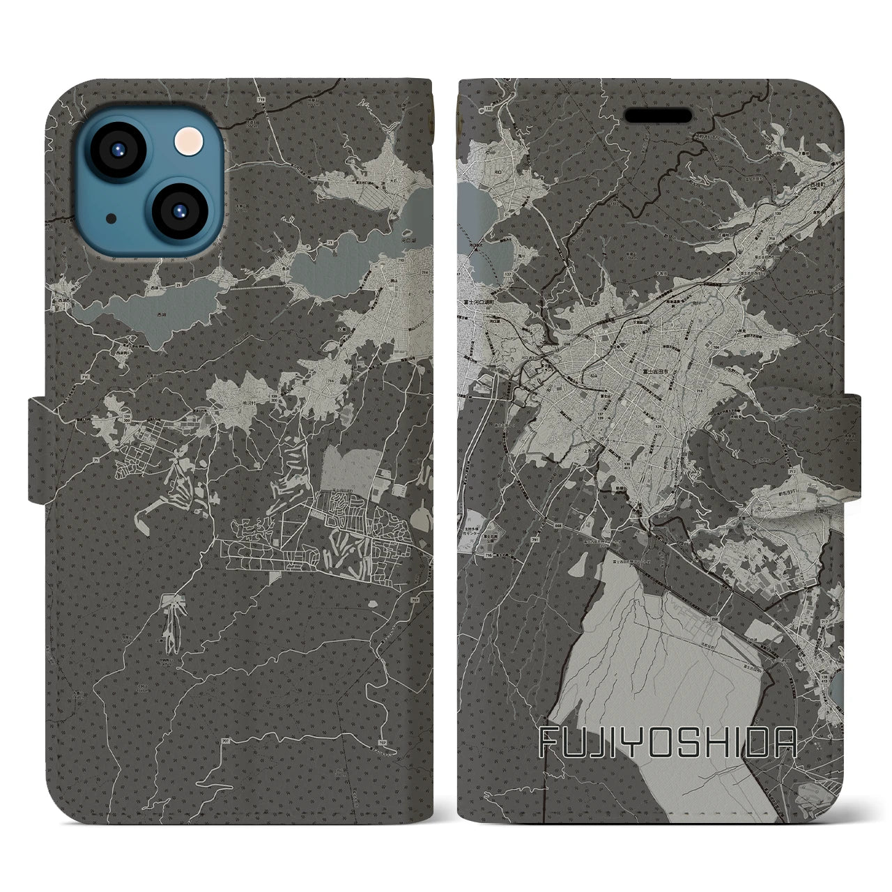 【富士吉田(山梨県)】地図柄iPhoneケース(手帳タイプ)モノトーン・iPhone 13 用