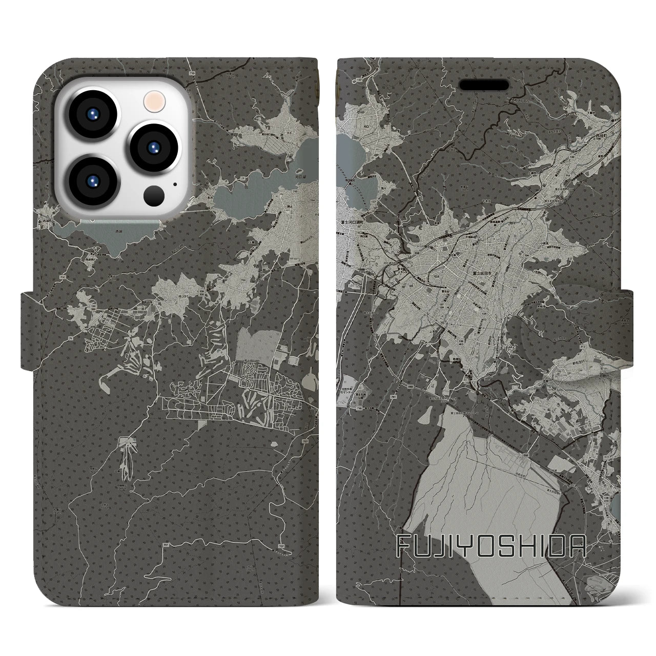 【富士吉田(山梨県)】地図柄iPhoneケース(手帳タイプ)モノトーン・iPhone 13 Pro 用