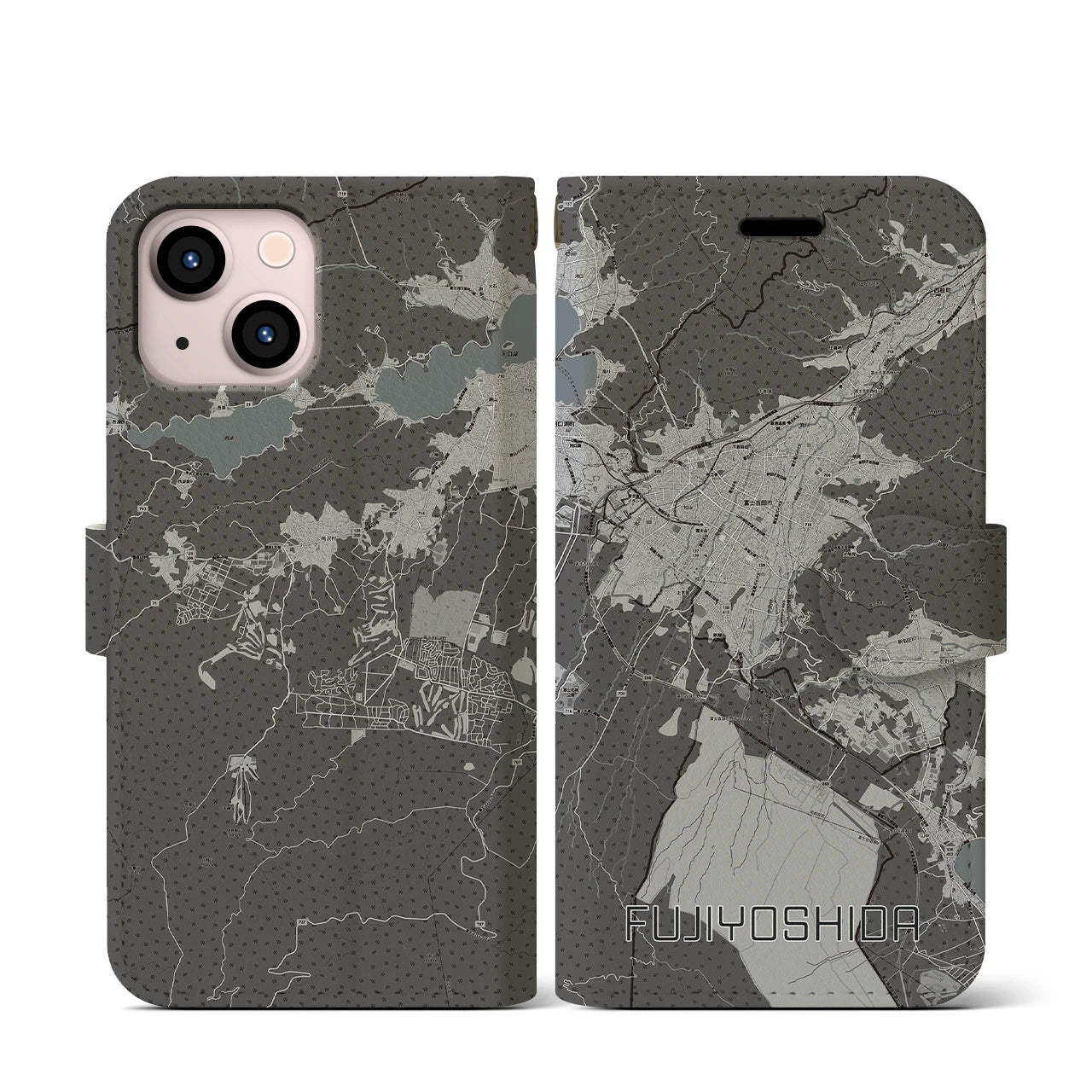 【富士吉田(山梨県)】地図柄iPhoneケース(手帳タイプ)モノトーン・iPhone 13 mini 用