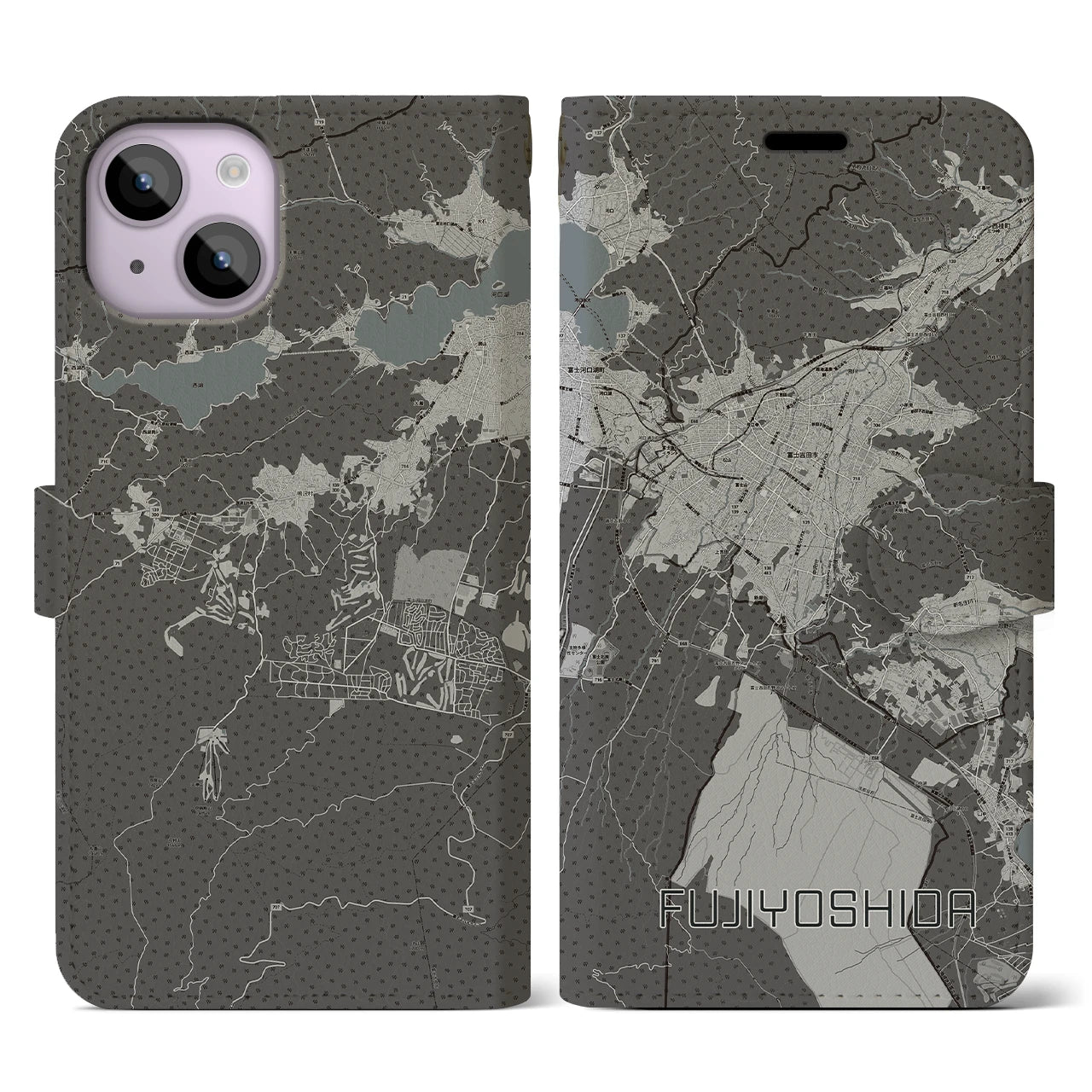 【富士吉田(山梨県)】地図柄iPhoneケース(手帳タイプ)モノトーン・iPhone 14 用