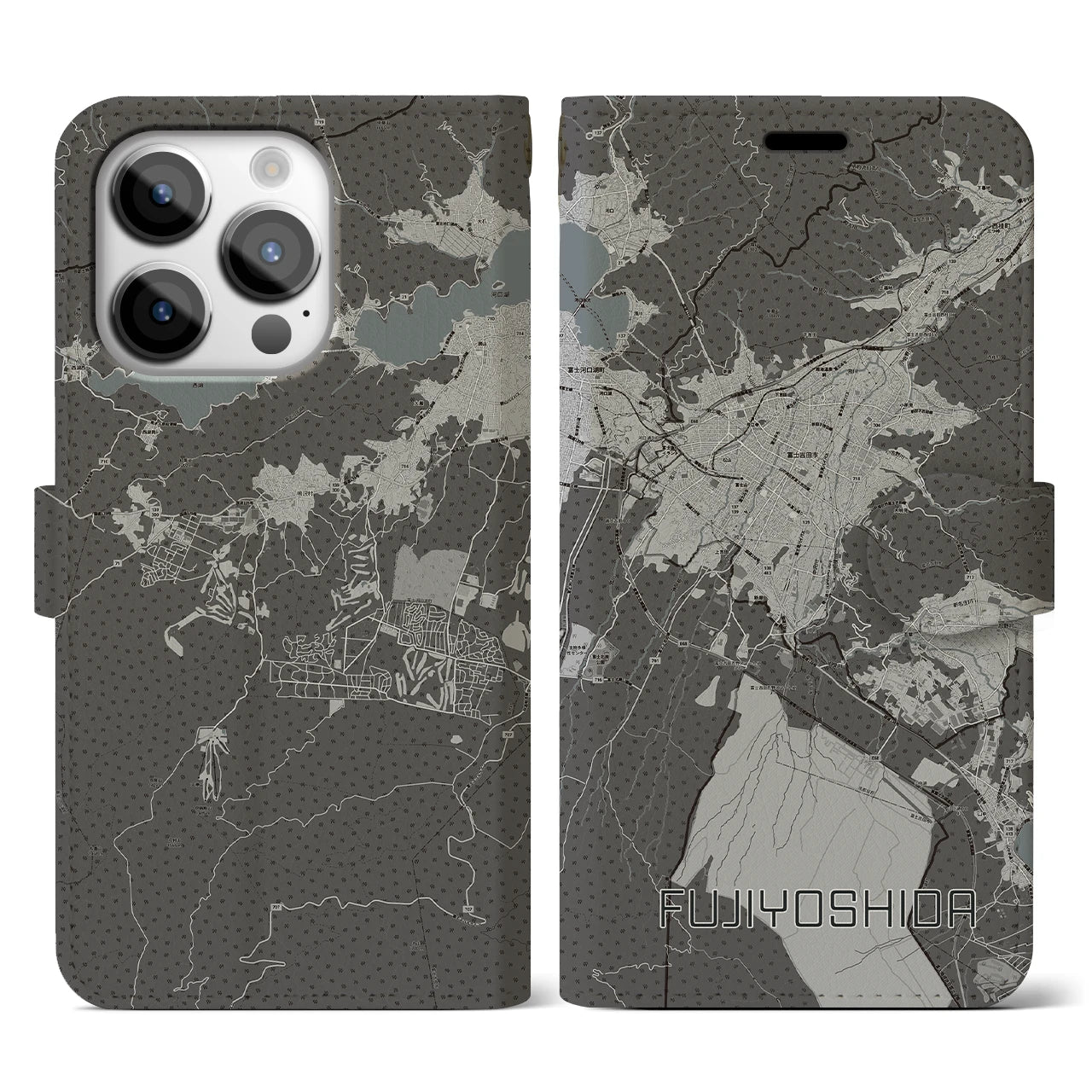 【富士吉田(山梨県)】地図柄iPhoneケース(手帳タイプ)モノトーン・iPhone 14 Pro 用