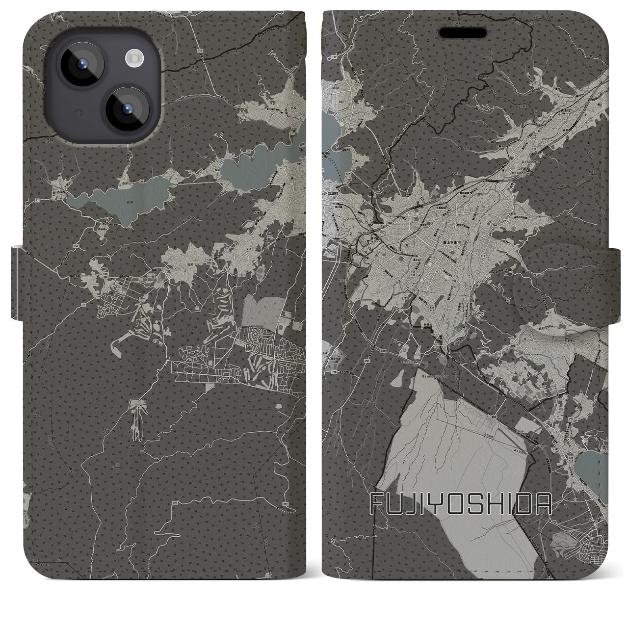 【富士吉田(山梨県)】地図柄iPhoneケース(手帳タイプ)モノトーン・iPhone 14 Plus 用