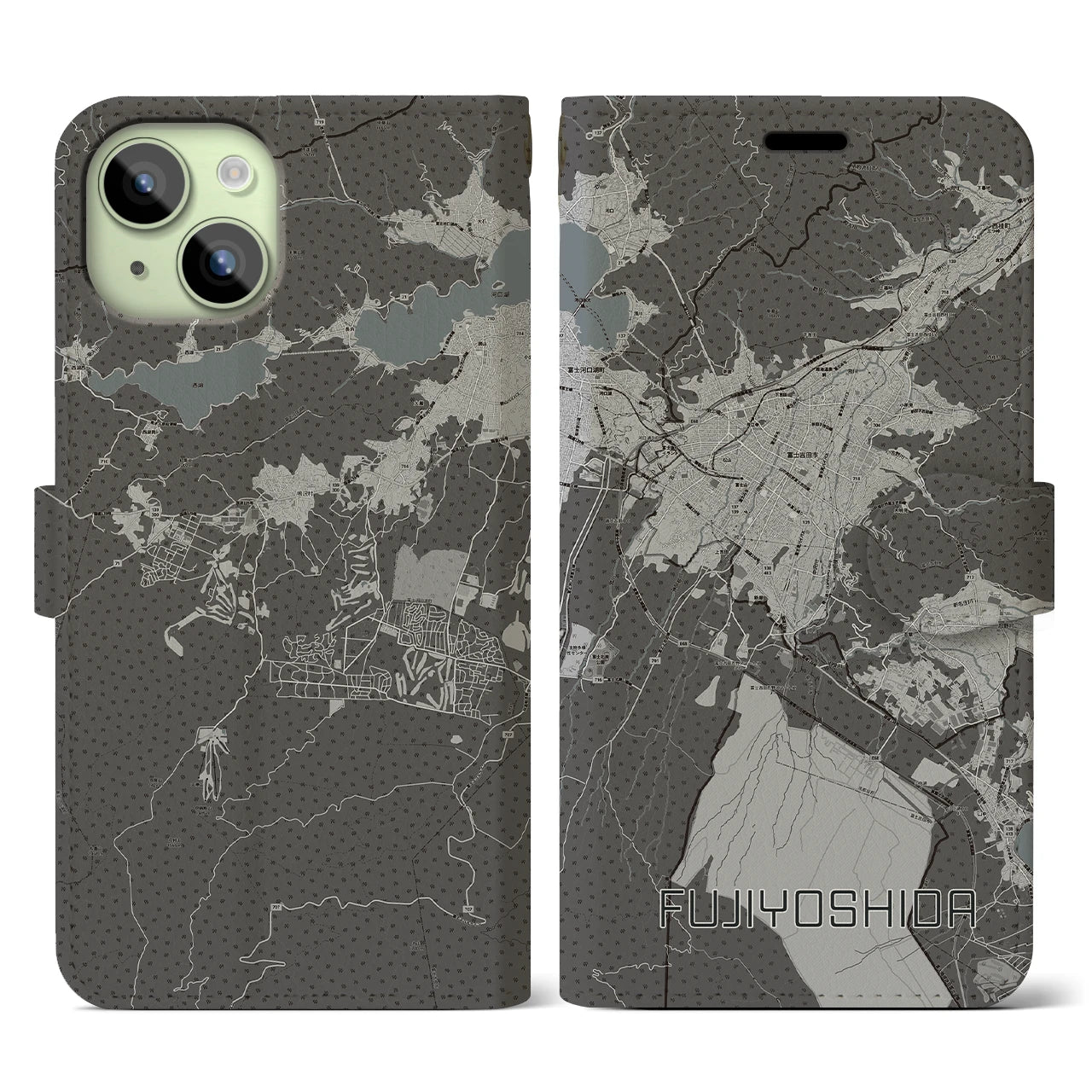 【富士吉田(山梨県)】地図柄iPhoneケース(手帳タイプ)モノトーン・iPhone 15 用