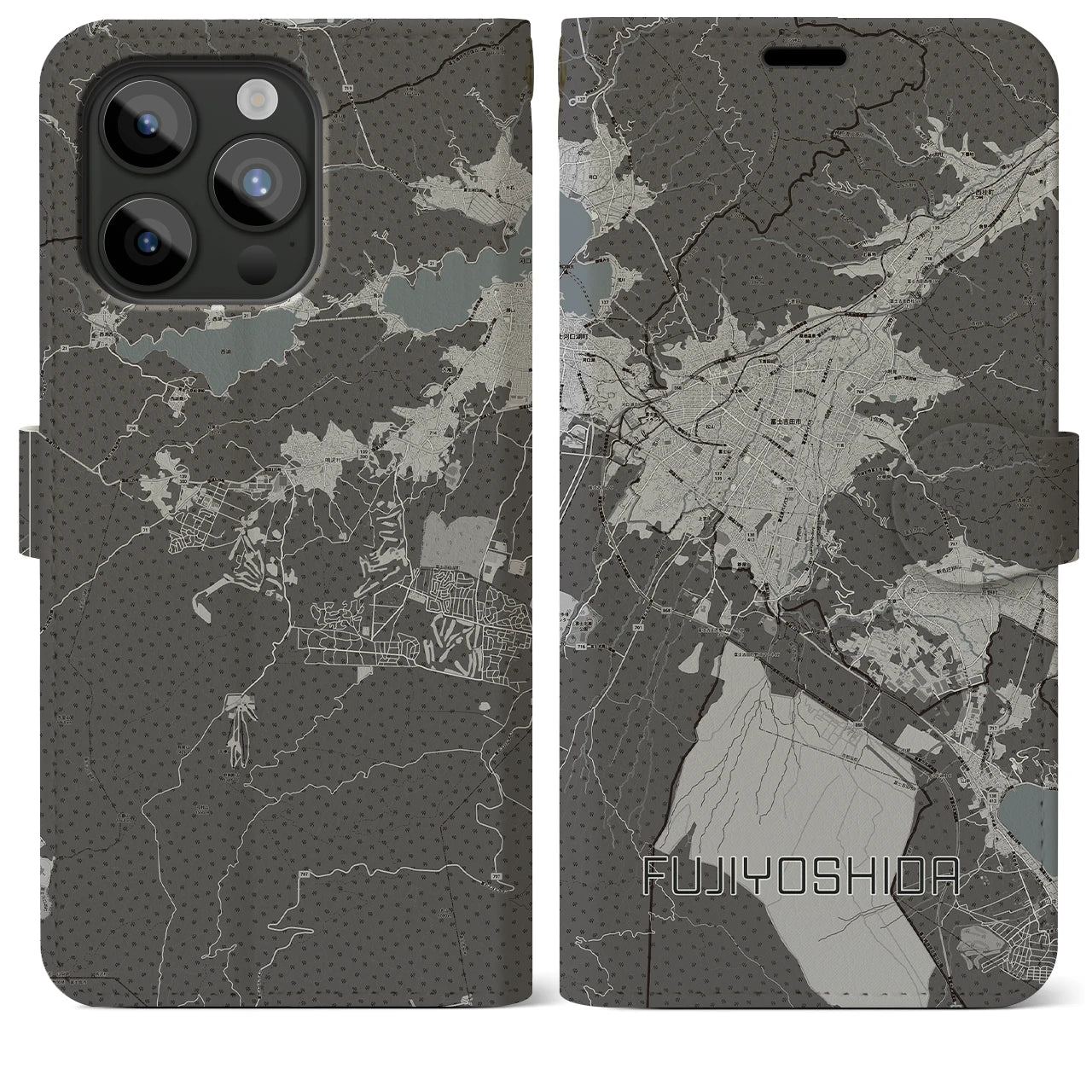 【富士吉田(山梨県)】地図柄iPhoneケース(手帳タイプ)モノトーン・iPhone 15 Pro Max 用