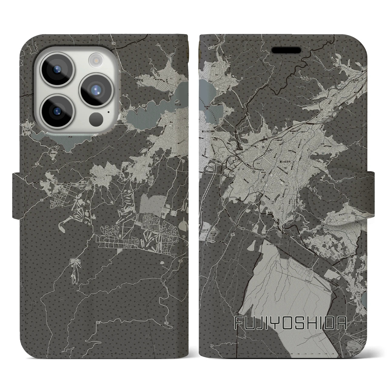 【富士吉田(山梨県)】地図柄iPhoneケース(手帳タイプ)モノトーン・iPhone 15 Pro 用