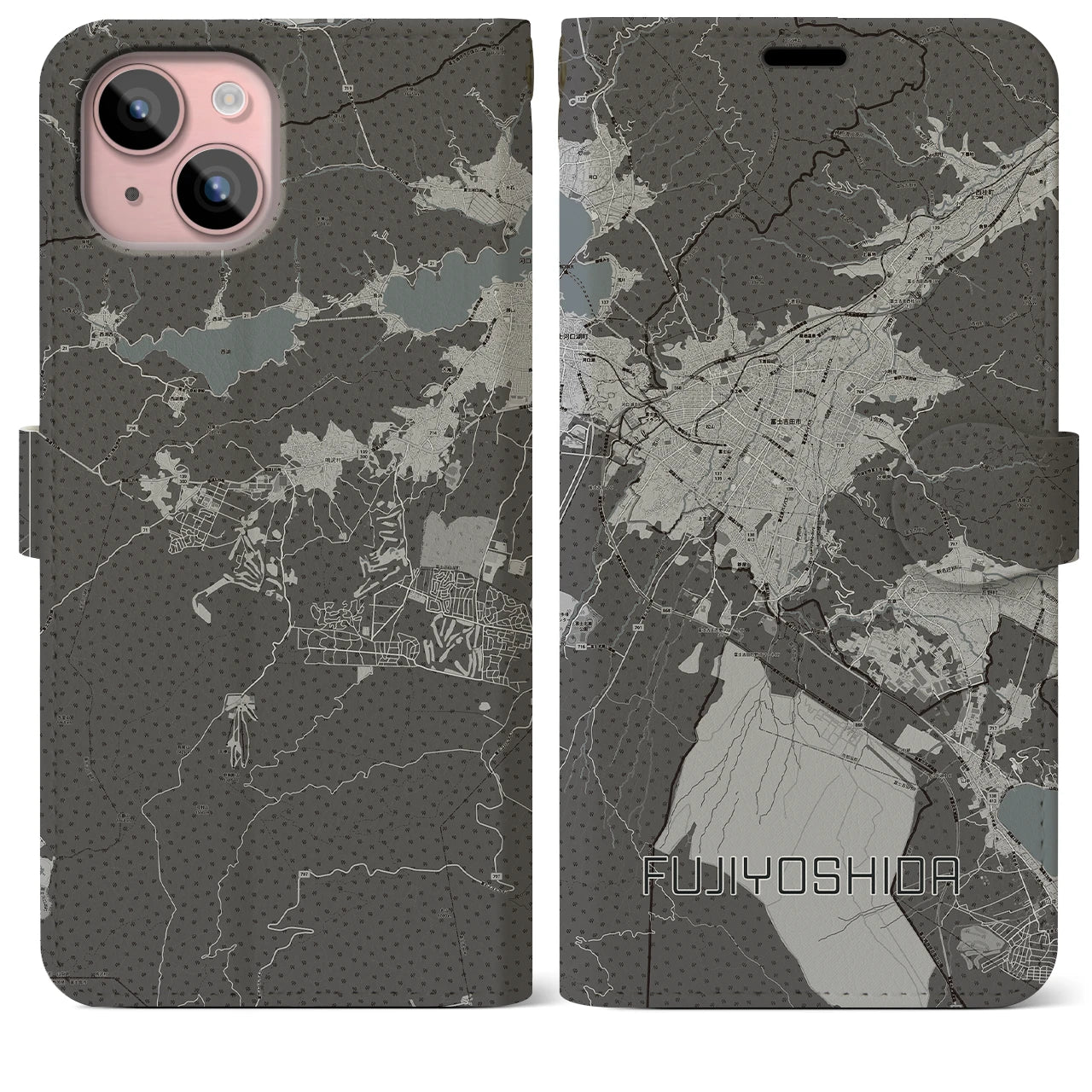【富士吉田(山梨県)】地図柄iPhoneケース(手帳タイプ)モノトーン・iPhone 15 Plus 用