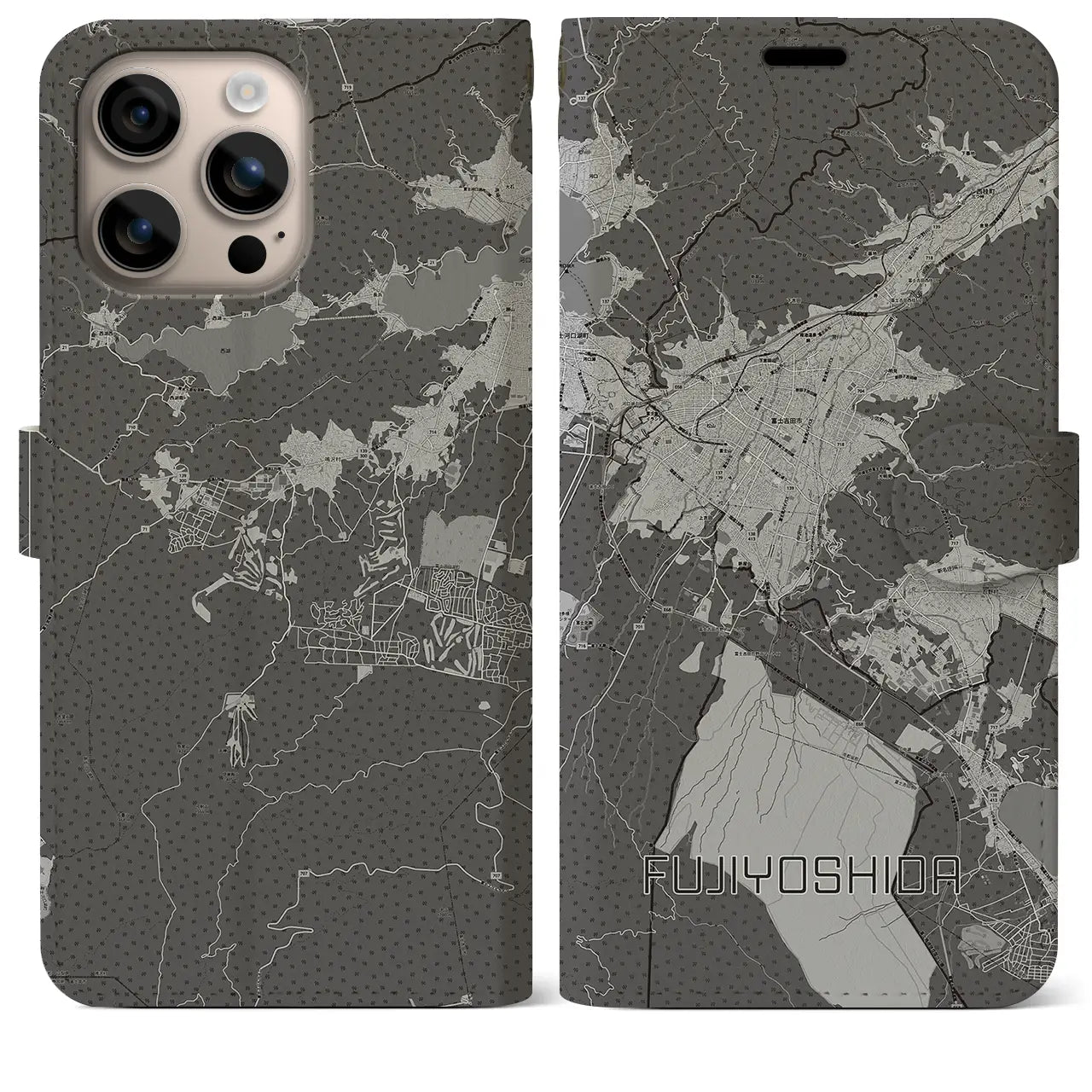 【富士吉田(山梨県)】地図柄iPhoneケース(手帳タイプ)モノトーン・iPhone 16 Plus 用