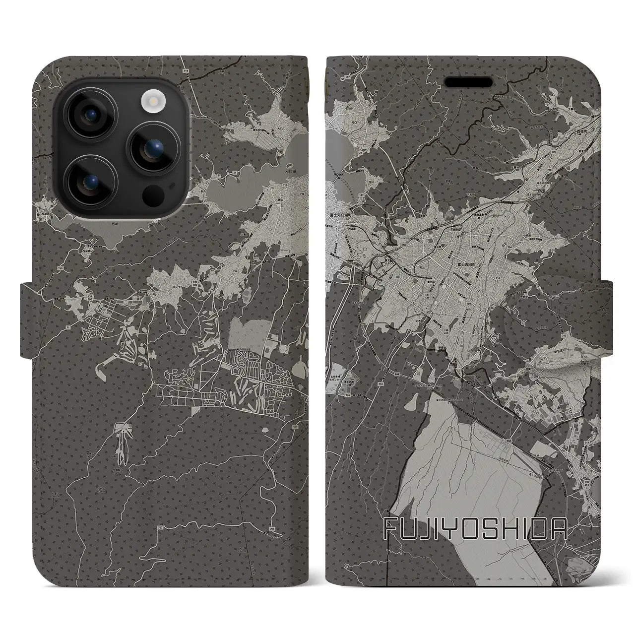 【富士吉田(山梨県)】地図柄iPhoneケース(手帳タイプ)モノトーン・iPhone 16 用