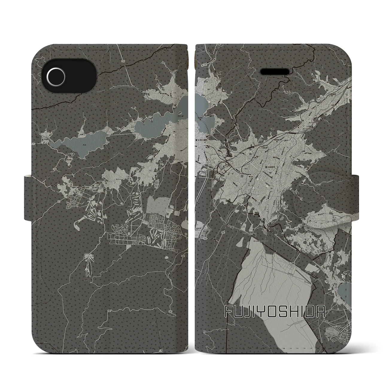 【富士吉田(山梨県)】地図柄iPhoneケース(手帳タイプ)モノトーン・iPhone SE(第3 / 第2世代) / 8 / 7 / 6s / 6 用