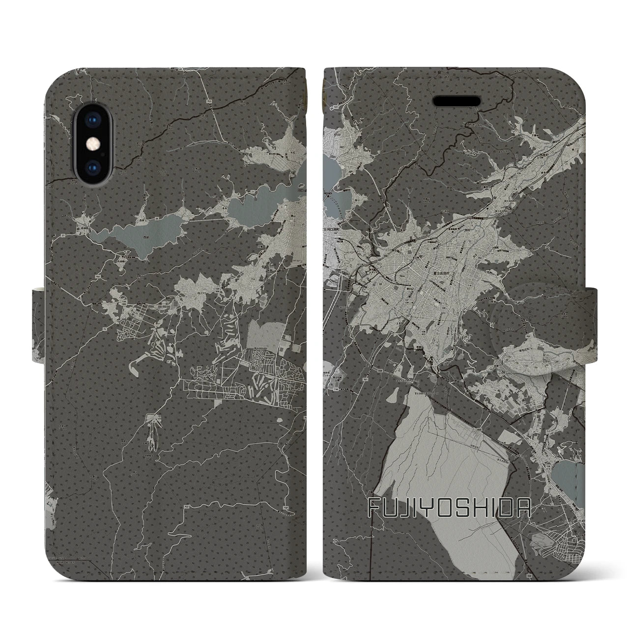 【富士吉田(山梨県)】地図柄iPhoneケース(手帳タイプ)モノトーン・iPhone XS / X 用