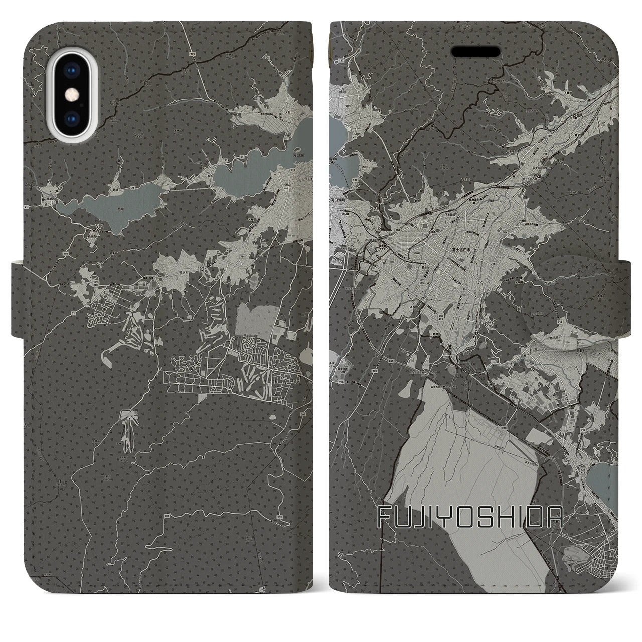 【富士吉田(山梨県)】地図柄iPhoneケース(手帳タイプ)モノトーン・iPhone XS Max 用