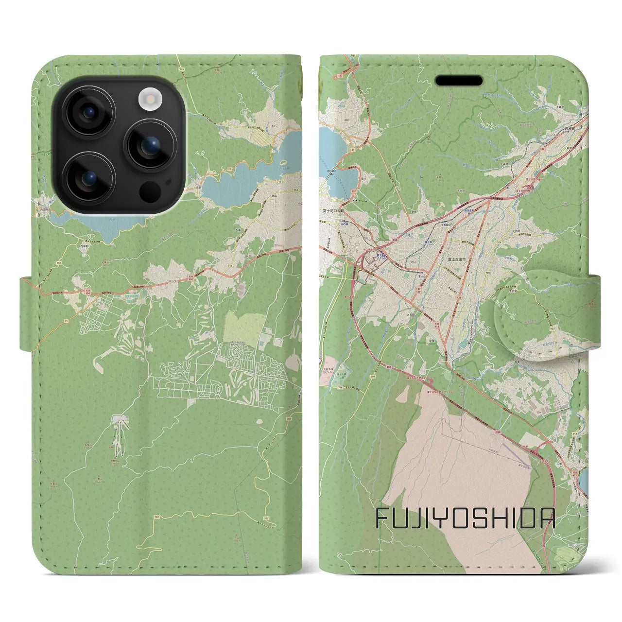 【富士吉田(山梨県)】地図柄iPhoneケース(手帳タイプ)ナチュラル・iPhone 16 用