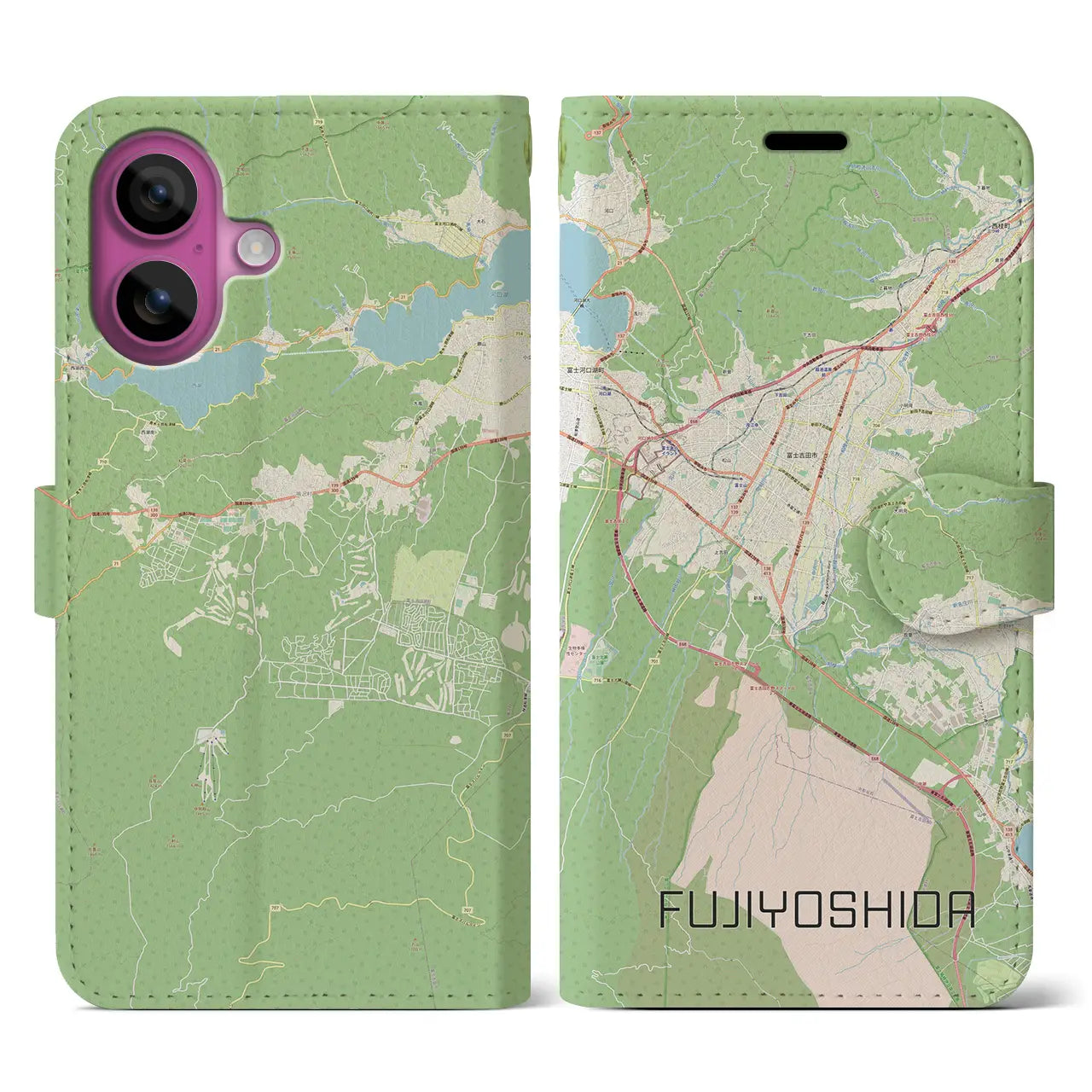【富士吉田(山梨県)】地図柄iPhoneケース(手帳タイプ)ナチュラル・iPhone 16 Pro 用