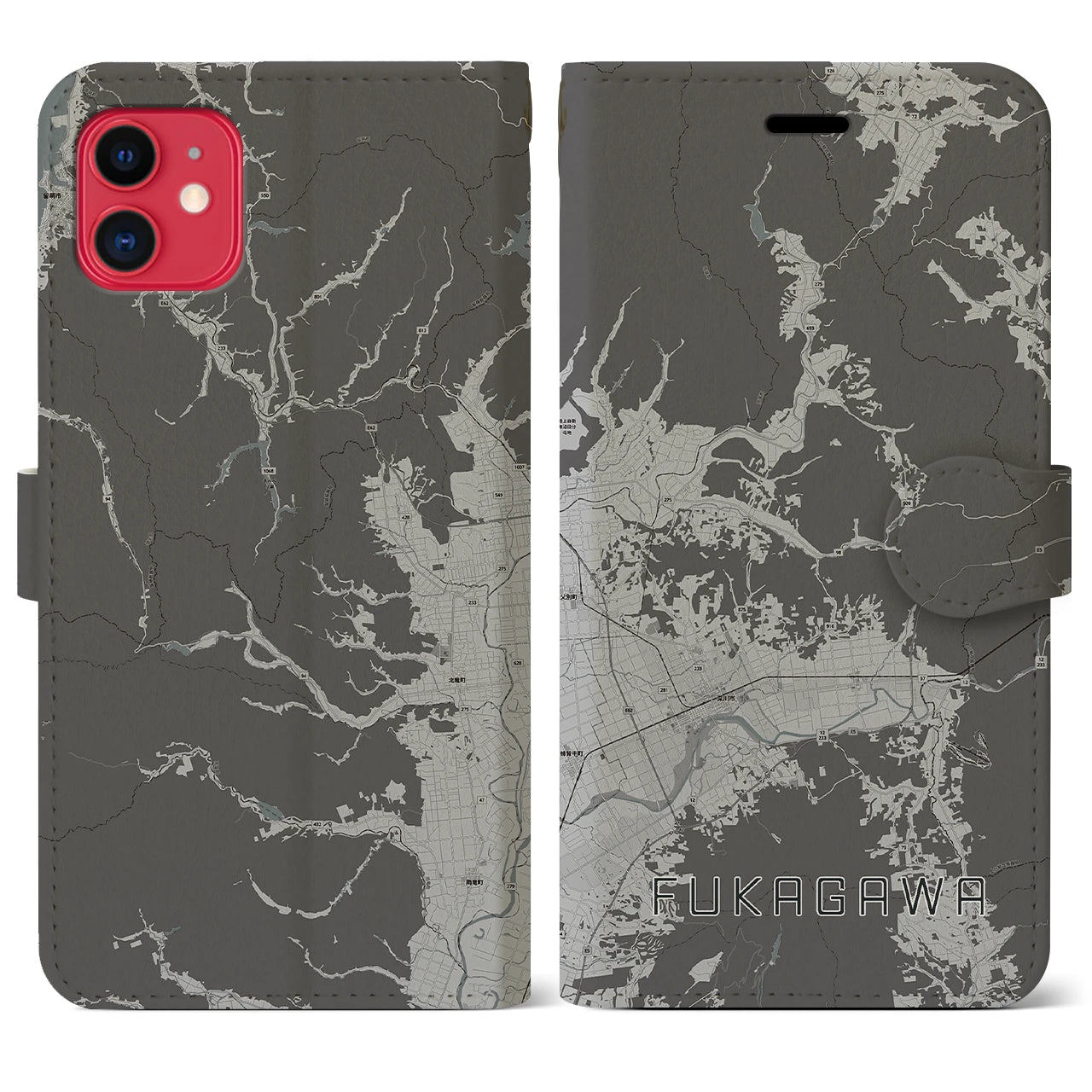 【深川(北海道)】地図柄iPhoneケース(手帳タイプ)モノトーン・iPhone 11 用