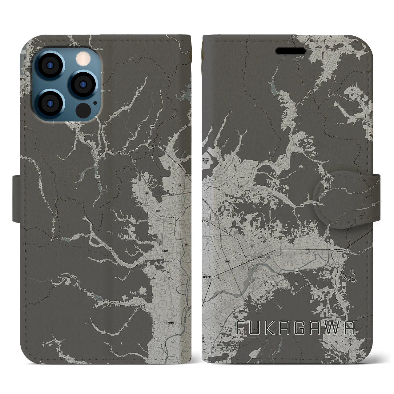 【深川(北海道)】地図柄iPhoneケース(手帳タイプ)モノトーン・iPhone 12 / 12 Pro 用