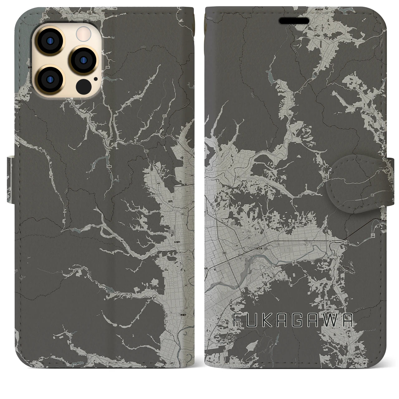 【深川(北海道)】地図柄iPhoneケース(手帳タイプ)モノトーン・iPhone 12 Pro Max 用