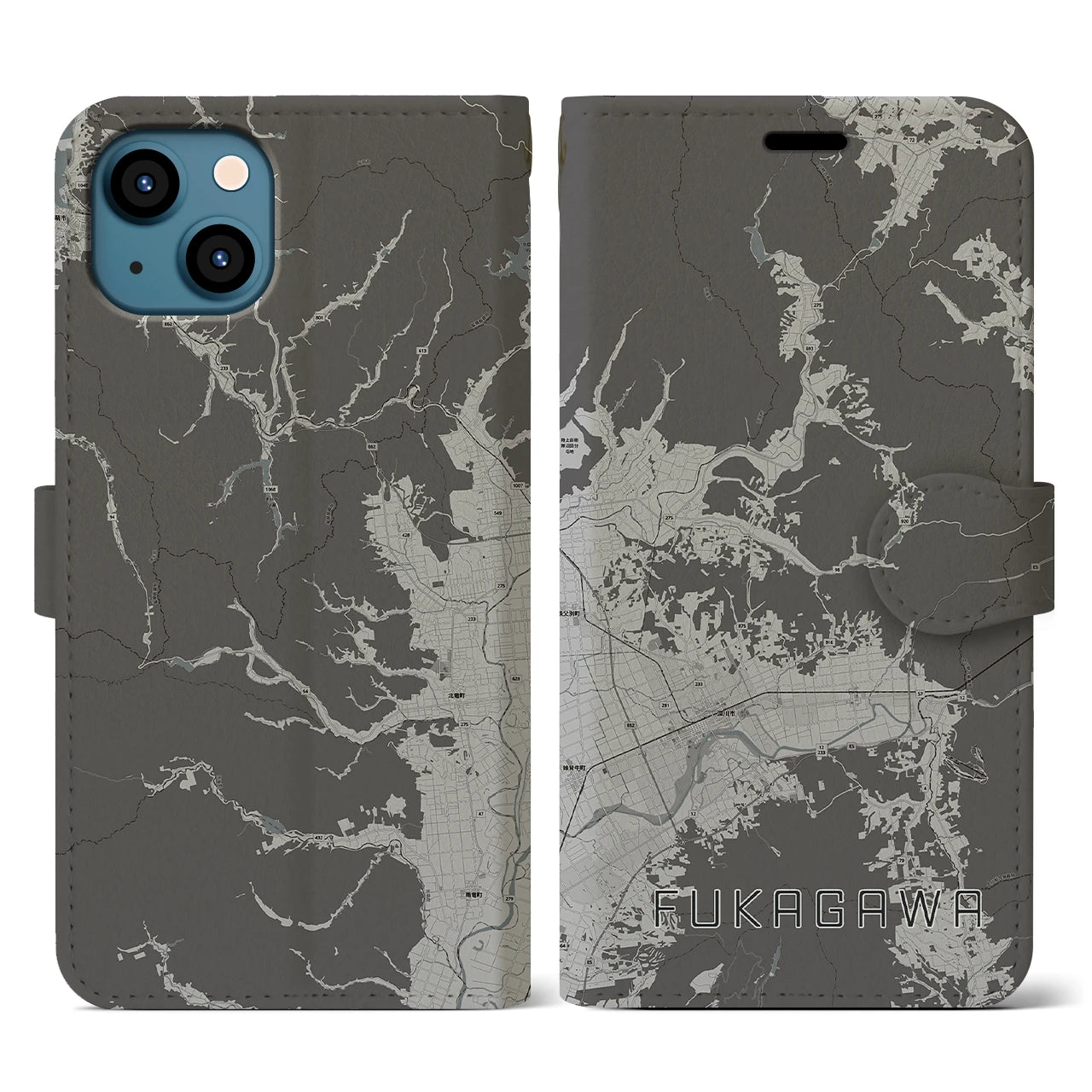 【深川(北海道)】地図柄iPhoneケース(手帳タイプ)モノトーン・iPhone 13 用