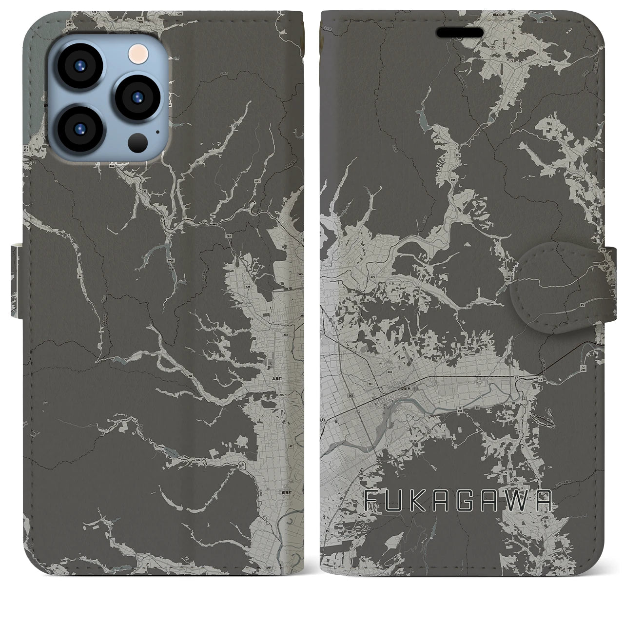 【深川(北海道)】地図柄iPhoneケース(手帳タイプ)モノトーン・iPhone 13 Pro Max 用